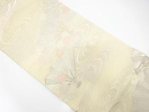 絽紗　流水に扇・花模様織り出し　袋帯